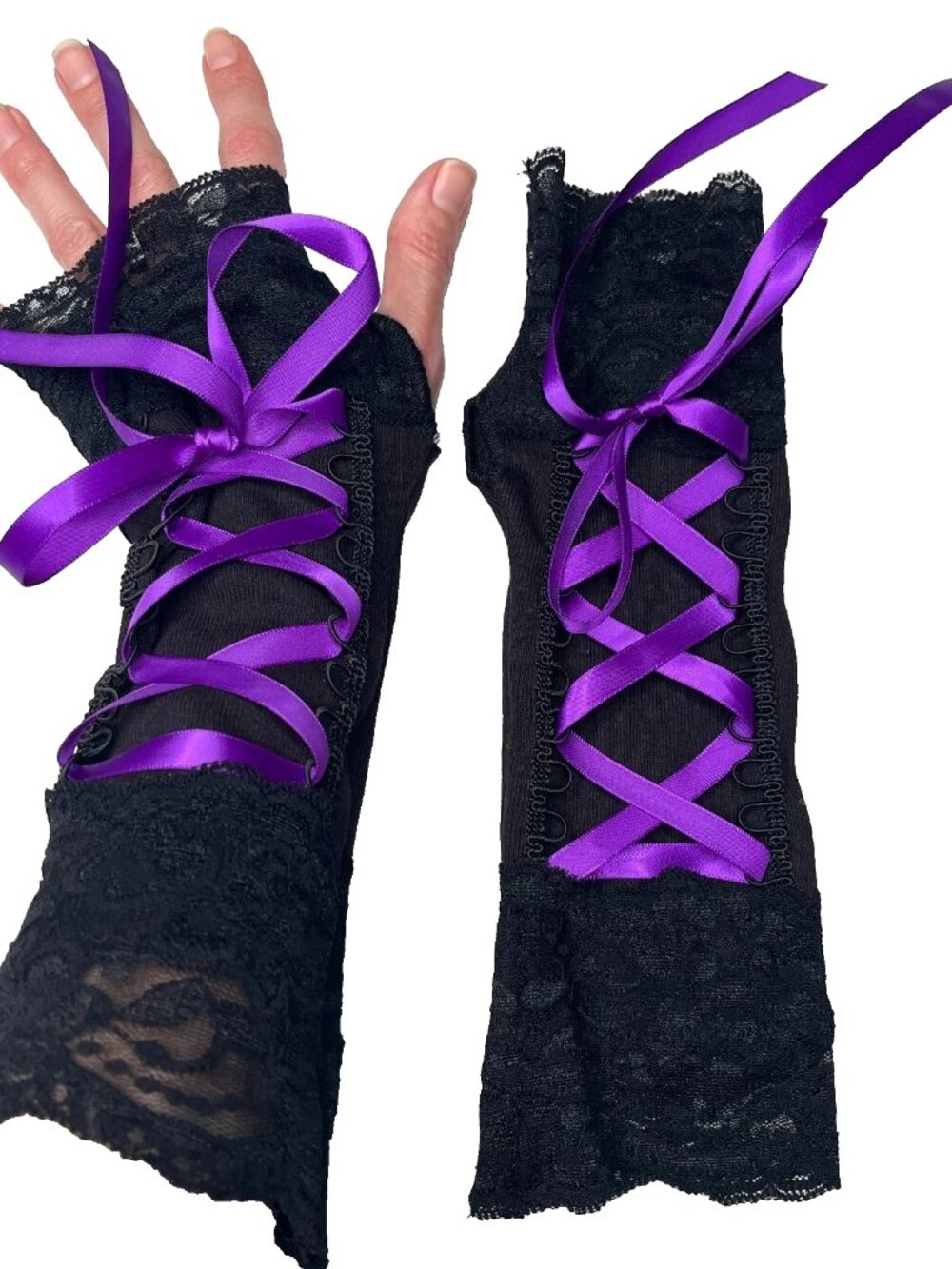 Corset Fingerless Gloves Black Lace Up Purple Gothic Wedding Wrist Hand Warmers